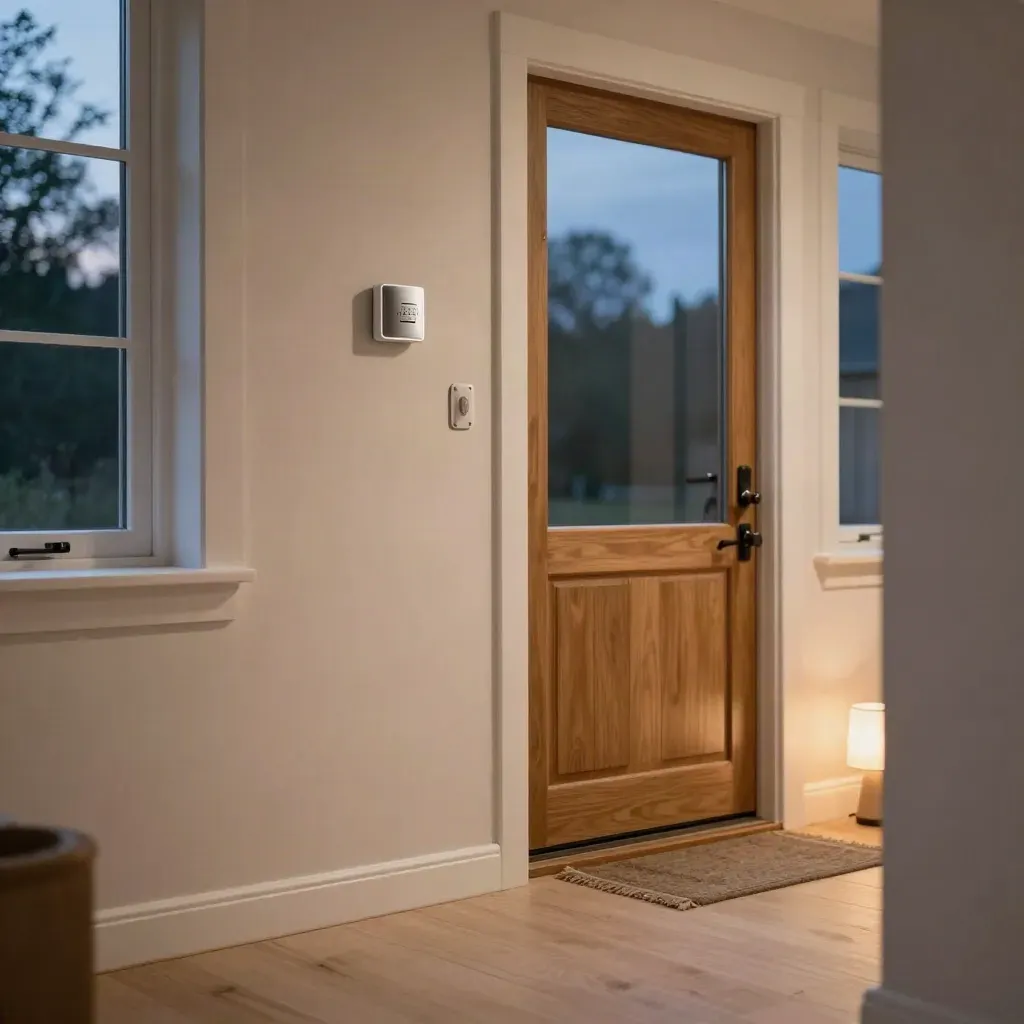 Villaentré i skymning med rörelsesensor, dörrkontakt och siren utanför glasverandan.