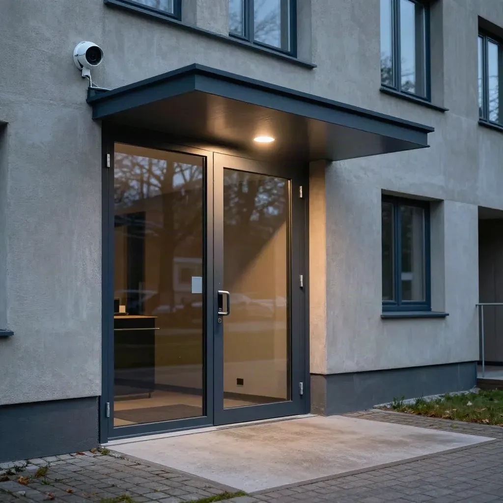 Entré till bostadshus i Norrköping med kupolkamera, glasdörrar och låst cykelrumsaccess i skymning.