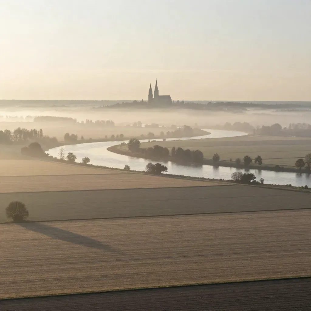 Mälardalens morgonlandskap med dimma, åkrar, flodkurva och avlägsen katedral silhuett.